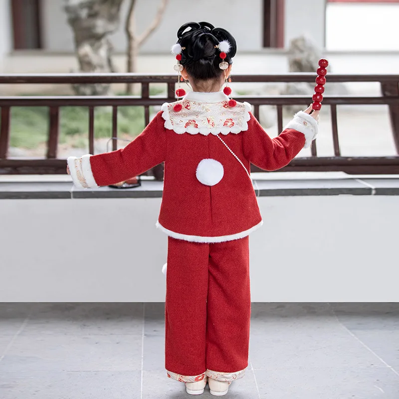 2024 New Chinese Hanfu For Baby Girl Embroidery Tang Suit Birthday Gift Clothing Winter Thick Warm Red Chinese New Year Clothes