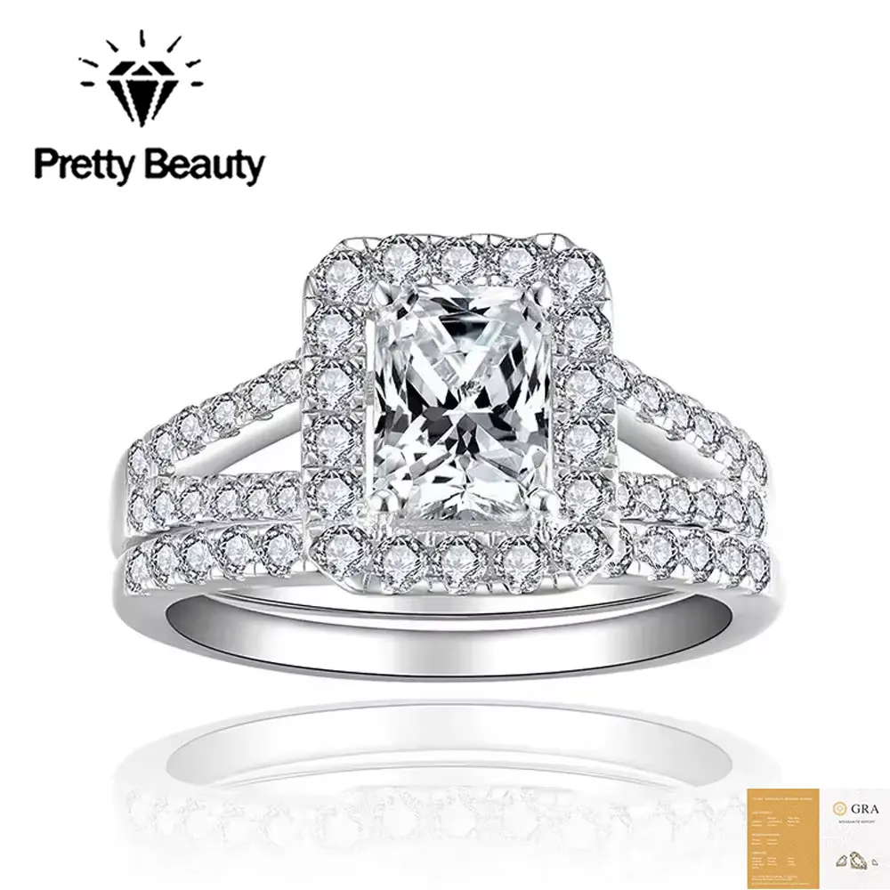 Pretty Beauty 925 Sterling Silver Moissanite Engagement Rings for Women Radiant Cut Split Shank Stackable Wedding Band Jewelry