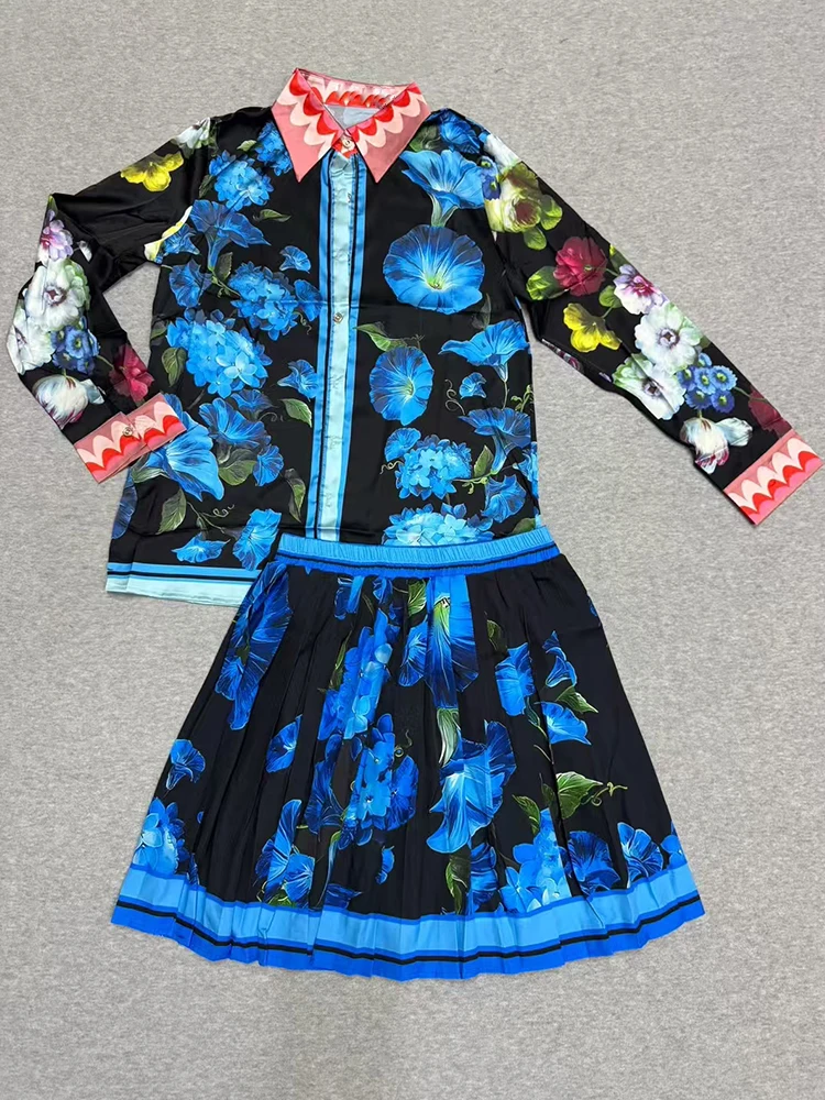 Retro geometric print lapel straight tube shirt two-piece set for 2026 spring women's clothing+loose pleated skirt fashion set view 5