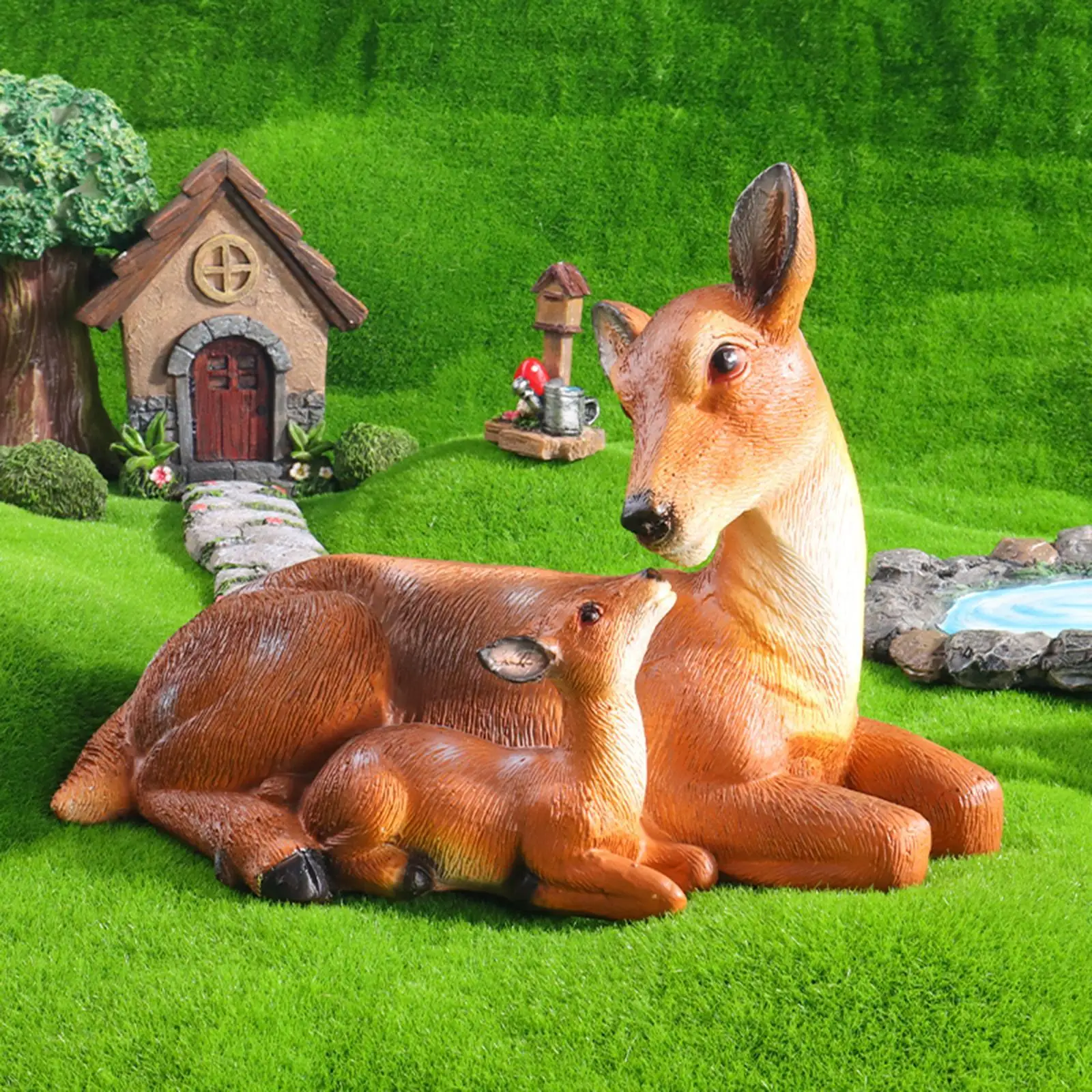 Mother and Son Deer Statue Modern Tabletop Ornament Artificial Animal Craft Elk Sculpture for Outdoor Yard Garden Lawn Home