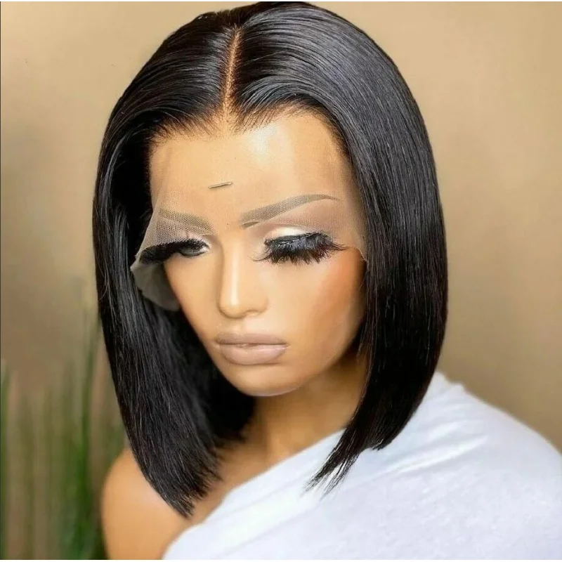 

Lace wig, European and American style wig, middle-parted black lace bob wig