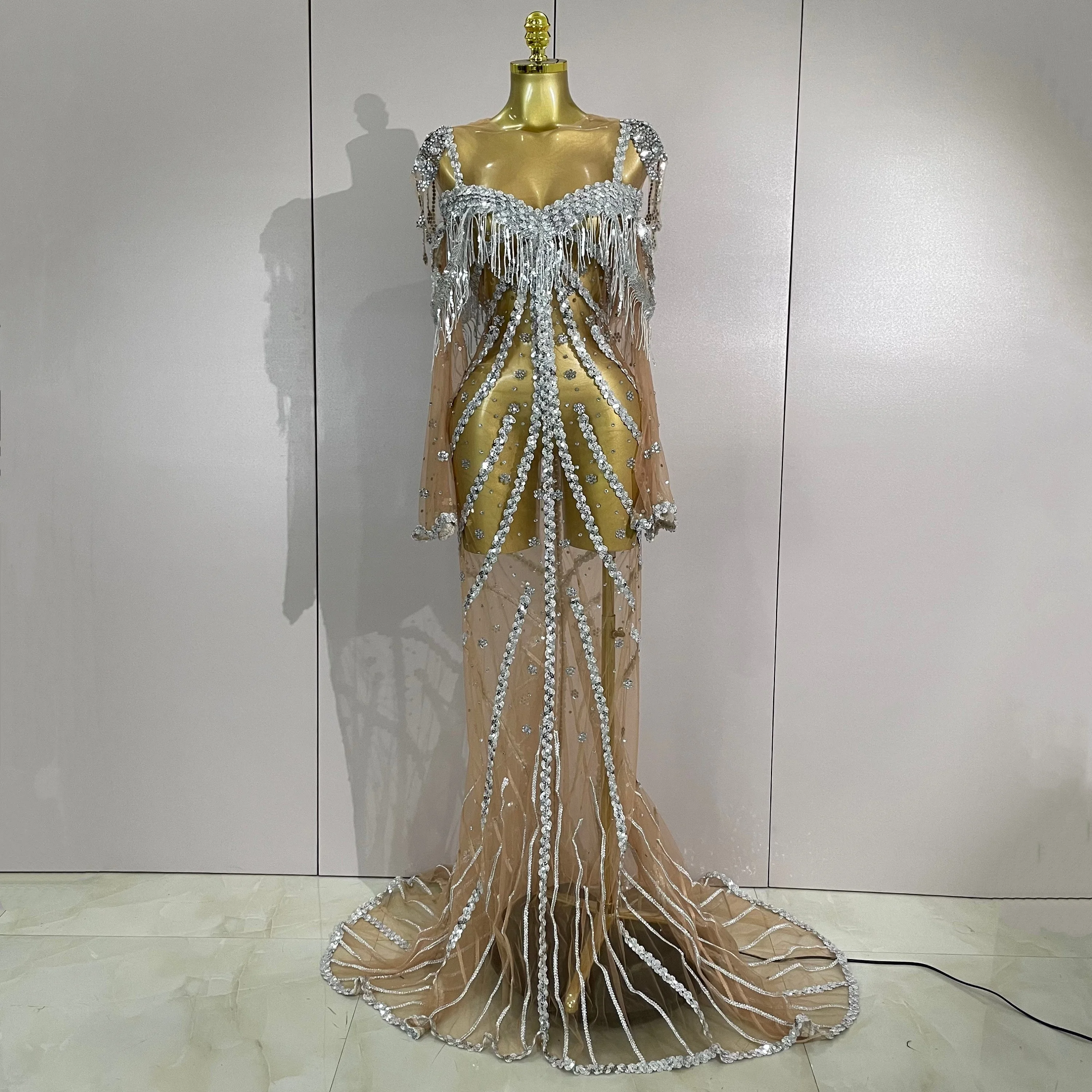 

Luxury Sparkly Diamonds Sequins Tassel Sexy Mesh Sheer Maxi Dress Women Celebrate Evening Birthday Party Wedding Stage Costumes