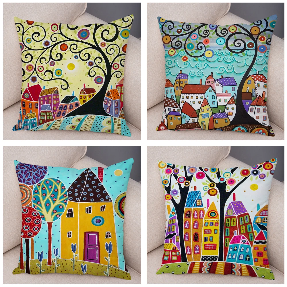 

Home Decor Vintage Colors City Cushion Cover Colorful Cartoon House Pillowcase Tree Sofa Pillowcase funda de almohada