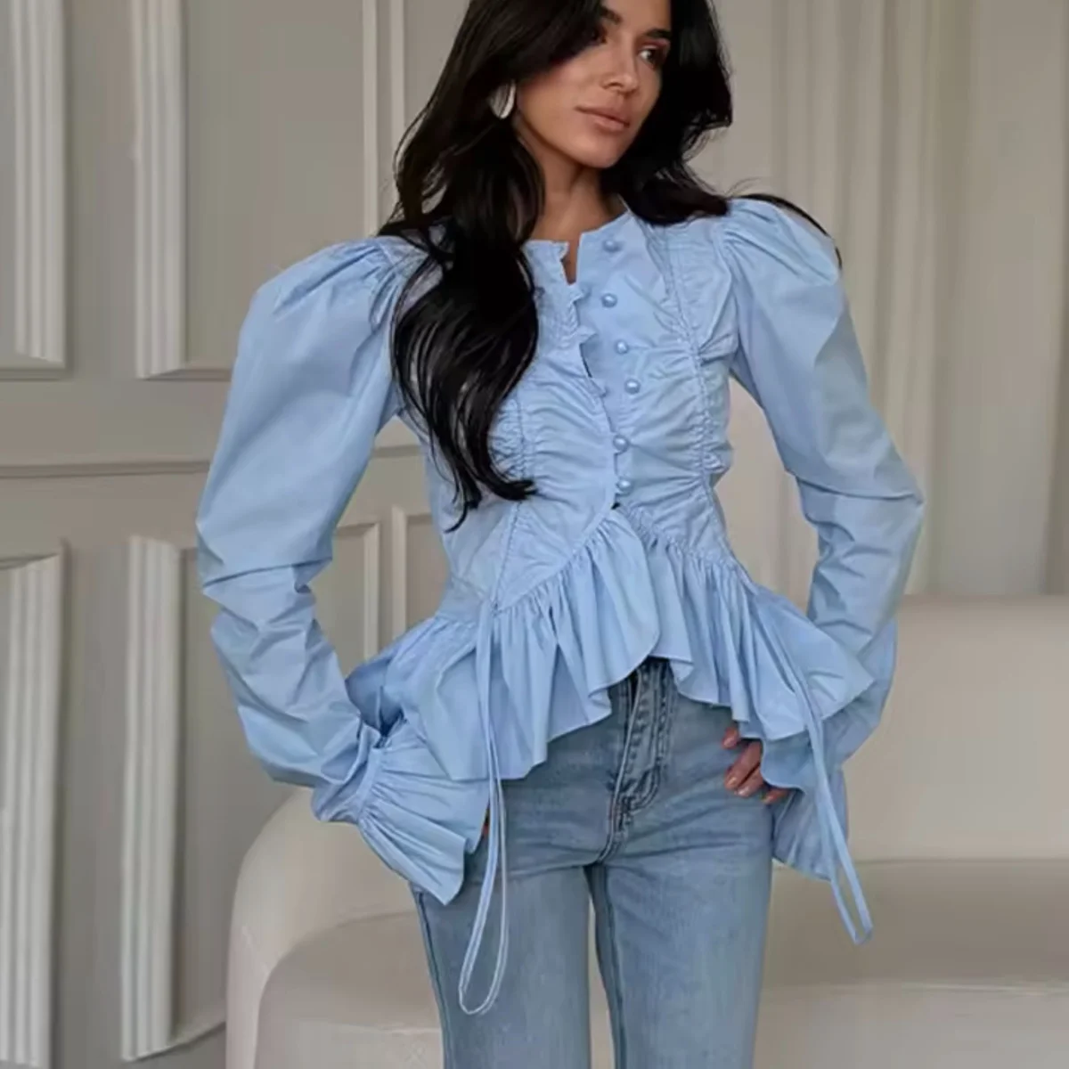 Early Autumn New Women's Fashion Simple Match Drawstring Bell Sleeve Long Sleeve Top Polyester Fiber round Neck Short Style