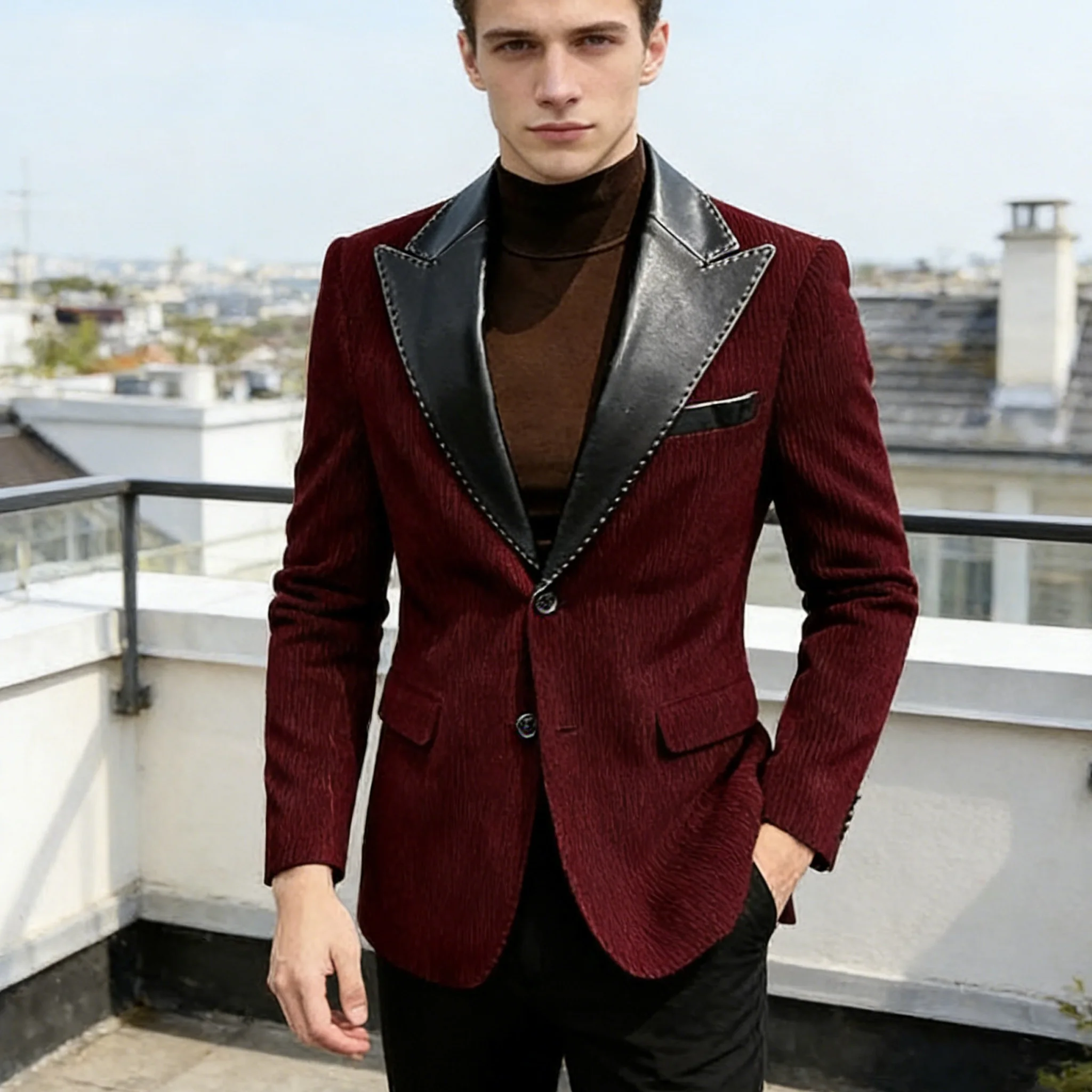 

Men's Corduroy Striped Blazer Fashion Faux Leather Collar Slim Fit Formal Jacket Business Office Banquet Costume Homme Best Sell
