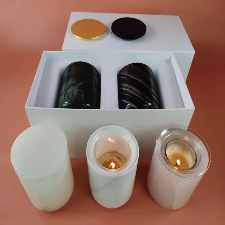 Wholesale 10pcs Custom Best Selling Gift Box Packaging Luxury Stone Candle Holders With Lid And Glass Insert For Home Decoration