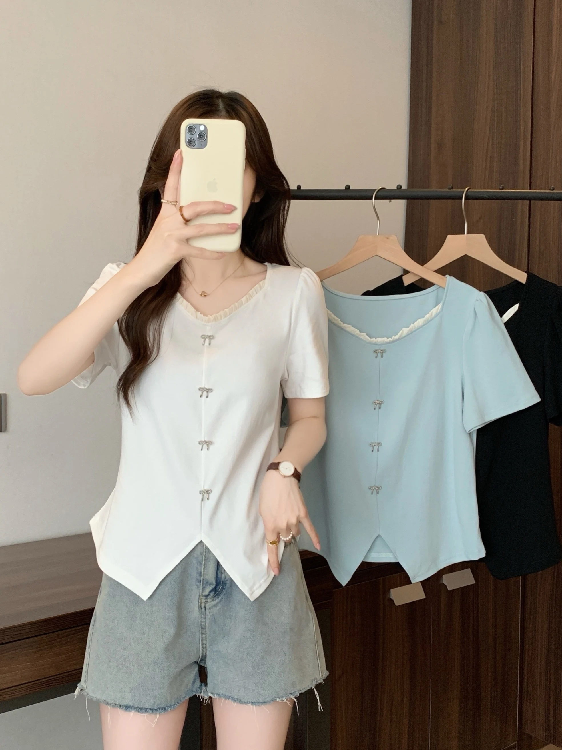 

plus Size Women's V-Neck Short Sleeve T-Shirt Lace Splice Irregular Hemline Korean Style Breathable Casual Summer Top