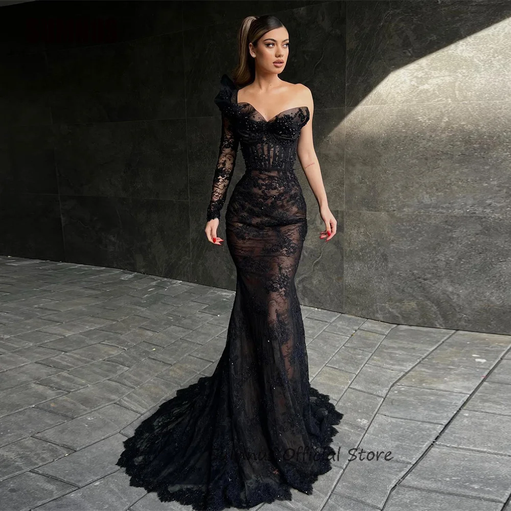 

SUMNUS Elegant Beads Black Mermaid Prom Dress One Sleeve Sweetheart Lace Evening Gowns Party Graduation Dresses Vestido De Noche