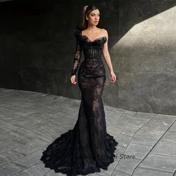 SUMNUS Elegant Beads Black Mermaid Prom Dress One Sleeve Sweetheart Lace Evening Gowns Party Graduation Dresses Vestido De Noche