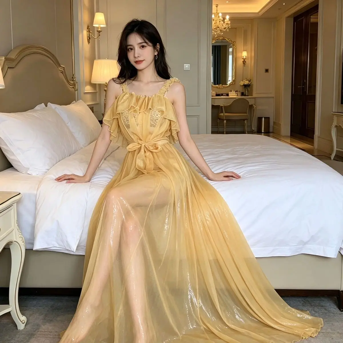 Sexy Sheer Camisole Dress Quick-dry Soft Elegant Ethereal Nightgown Sleeping Naked Party Nightclub Stage Costume Cosplay Suit