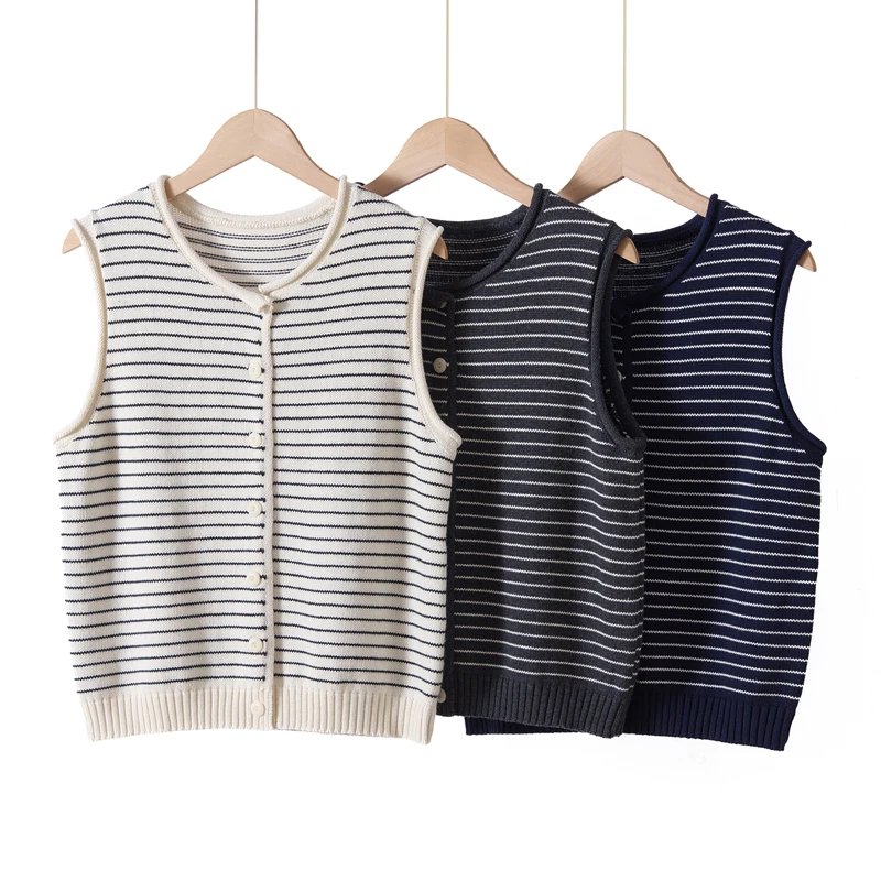 

Spring Autumn Women Fine Wool Waistcoat O-neck Sleeveless Cardigan 100% Merino Wool Knitwear Basic Striped Knit Sweater Vest