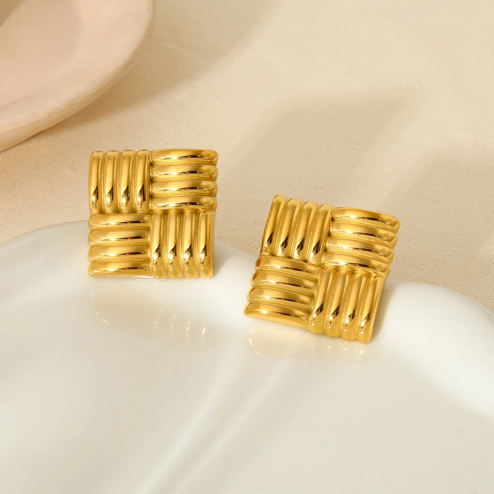 

INS Trend 18K PVD Gold Plated Stainless Steel Chunky Knot Square Statement Stud Earrings Texture Post Earring Jewelry Gift