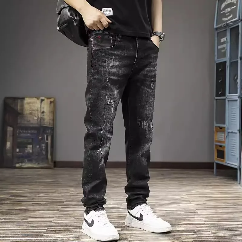 Street Fashion Men Jeans Retro Black Gray Stretch Slim Fit Ripped Jeans Men Vintage Designer Elastic Denim Pants Hombre