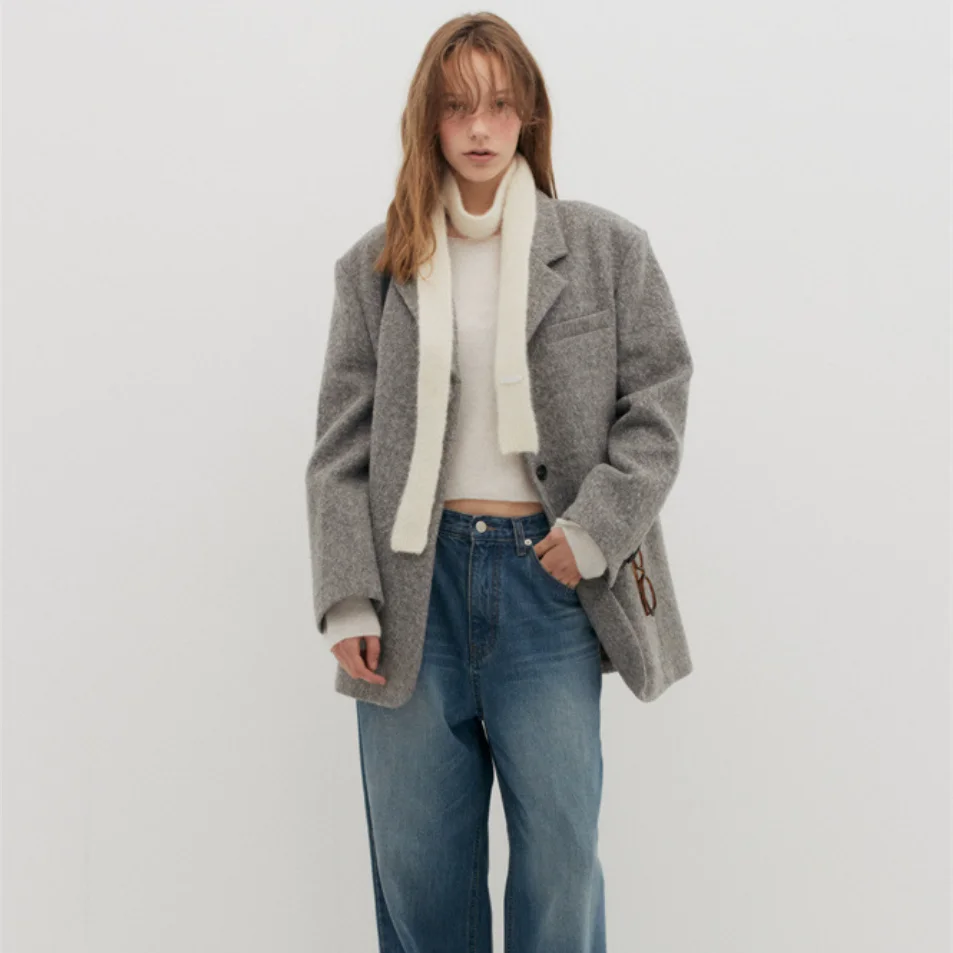 سترة صوفية شتوية سميكة للنساء، تصميم كلاسيكي فضفاض بأكمام طويلة، لون واحد، نمط عملي، دافئة مع بطانة قطنية