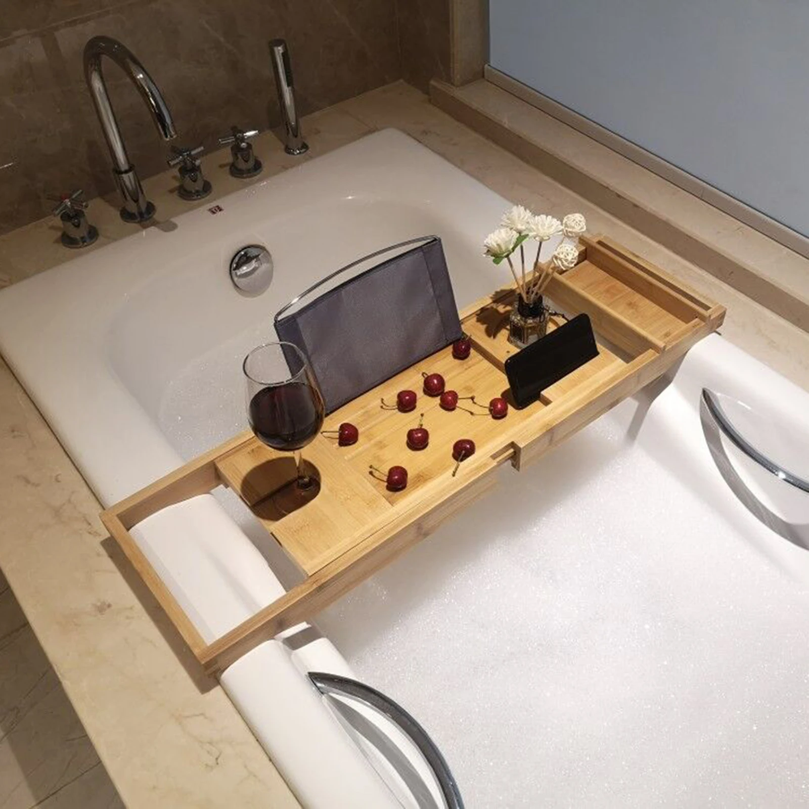 

Bamboo Multifunctional Bathroom Tub Holder Retractable Non-slip Bathtub Shelf Holds Book, Wine, Phone, Pad