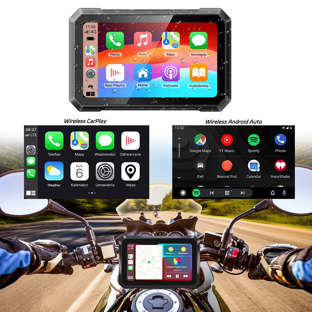 Motorcycle Wireless GPS Carplay 7 Inch IPS Touch Screen IPX7 Waterproof Car Navigation CarPlay and Android with Light Sensing