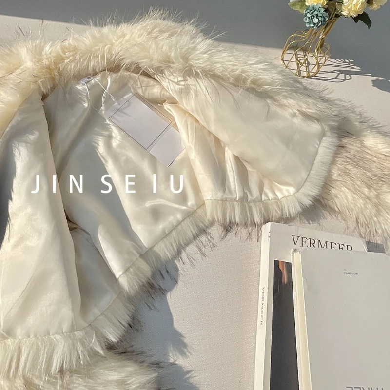 Chaqueta de piel sintética con solapa grande, chaqueta peluda corta blanca con cuello de zorro de imitación Gradual, abrigos de felpa gruesos y cálidos y esponjosos, Top elegante de lujo 2025