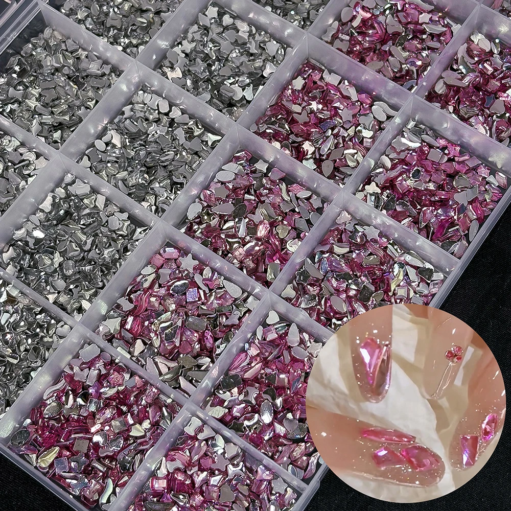 24Grids Mixed Pink White Nail Art Rhinestone Charms 3D Mini Irregular Heart-shaped  Pentagram Diamond-shaped Nail Gems For Decor