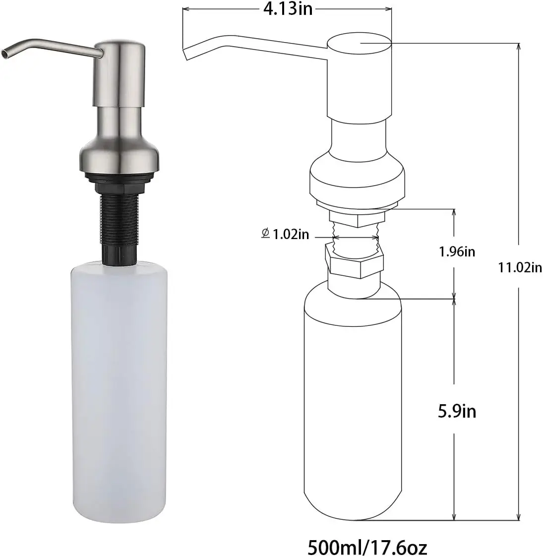 Sink Soap Dispenser for Kitchen - 304 Brushed Stainless Steel Large Capacity 17 OZ Bottle Built in Pump Dispenser