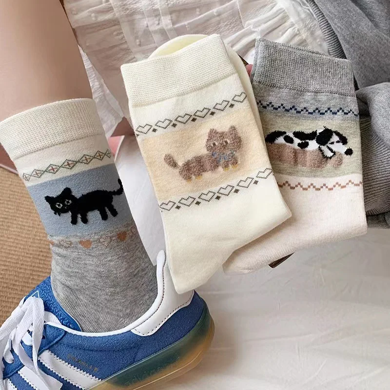 

1/4/8 Pairs Cartoon Animal Printed female Middle Socks Fashionable Retro Color Blocked Soft Comfortable Casual Women's Socks