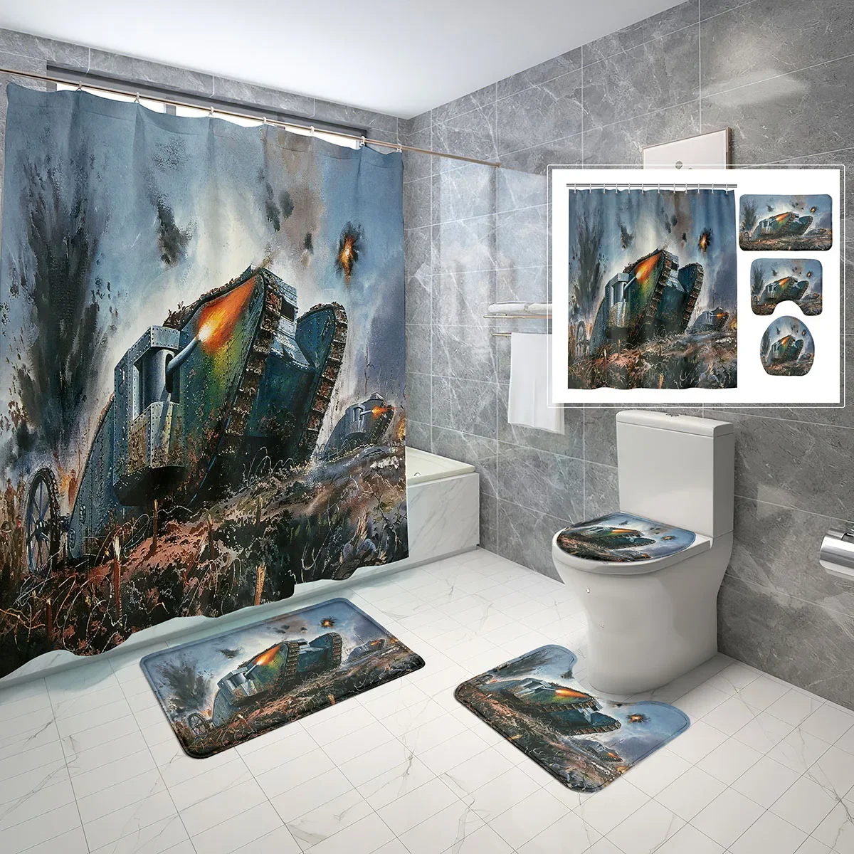 Tank Theme Shower Curtain Set War Machine Armored Vehicles 4 Pcs Non-slip Bath Mat Toilet Lid Waterproof Shower Curtain Sets