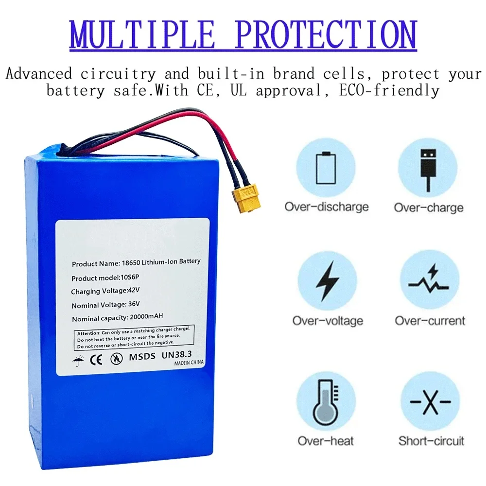 18650 리튬 이온 충전식 배터리 팩, 내장 BMS, 전기 스쿠터 배터리에 적합, 42V 2A 충전기, 36V, 20000mAh, 10S6P