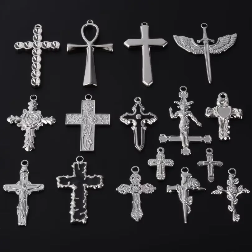 10pcs High Quality Stainless Steel Cross Charm Pendant  For Jewelry Making Supplies Metal Rose Knife Sword Amulet Accessories