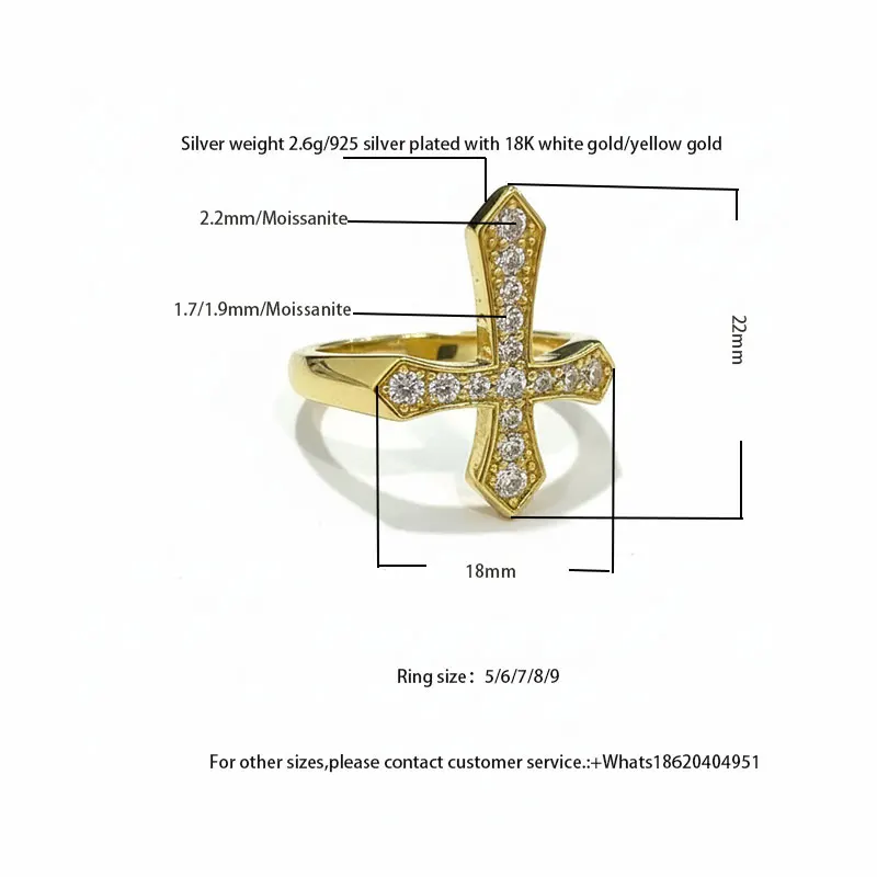 

Women's S925 Sterling Silver 18K White/Yellow Gold Plated Cross Ring - 2.2mm & 1.7/1.9mm Moissanite, 18mm×22mm Cross Design, 2.6