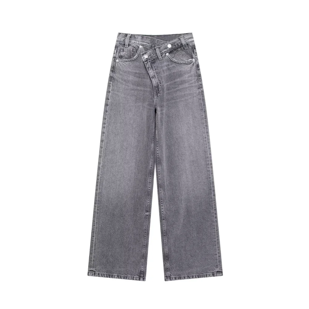 PB & ZA2024 ฤดูหนาวเสื้อผ้าสตรีใหม่สไตล์SlimmingและSimple Double Breastedกางเกงเอวสูงและขากว้างDENIMกางเกง