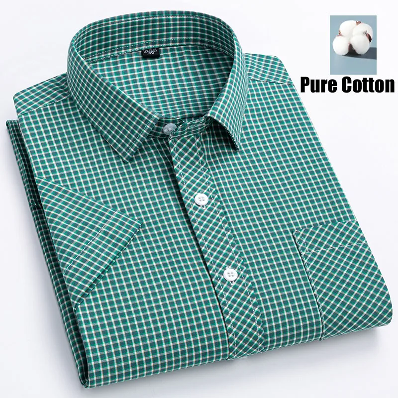 

Новые повседневные рубашки из чистого хлопка с одним карманом для мужчин, классические клетчатые рубашки с коротким рукавом, элегантное деловое платье, летняя мужская одежда в клетку
