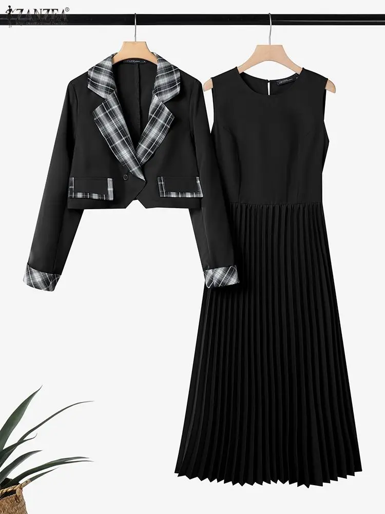 ZANZEA ファッション女性ドレスセット 2026 春エレガントなノースリーブロング Vestidos 長袖チェック柄シャツカジュアル 2 個プリーツ衣装