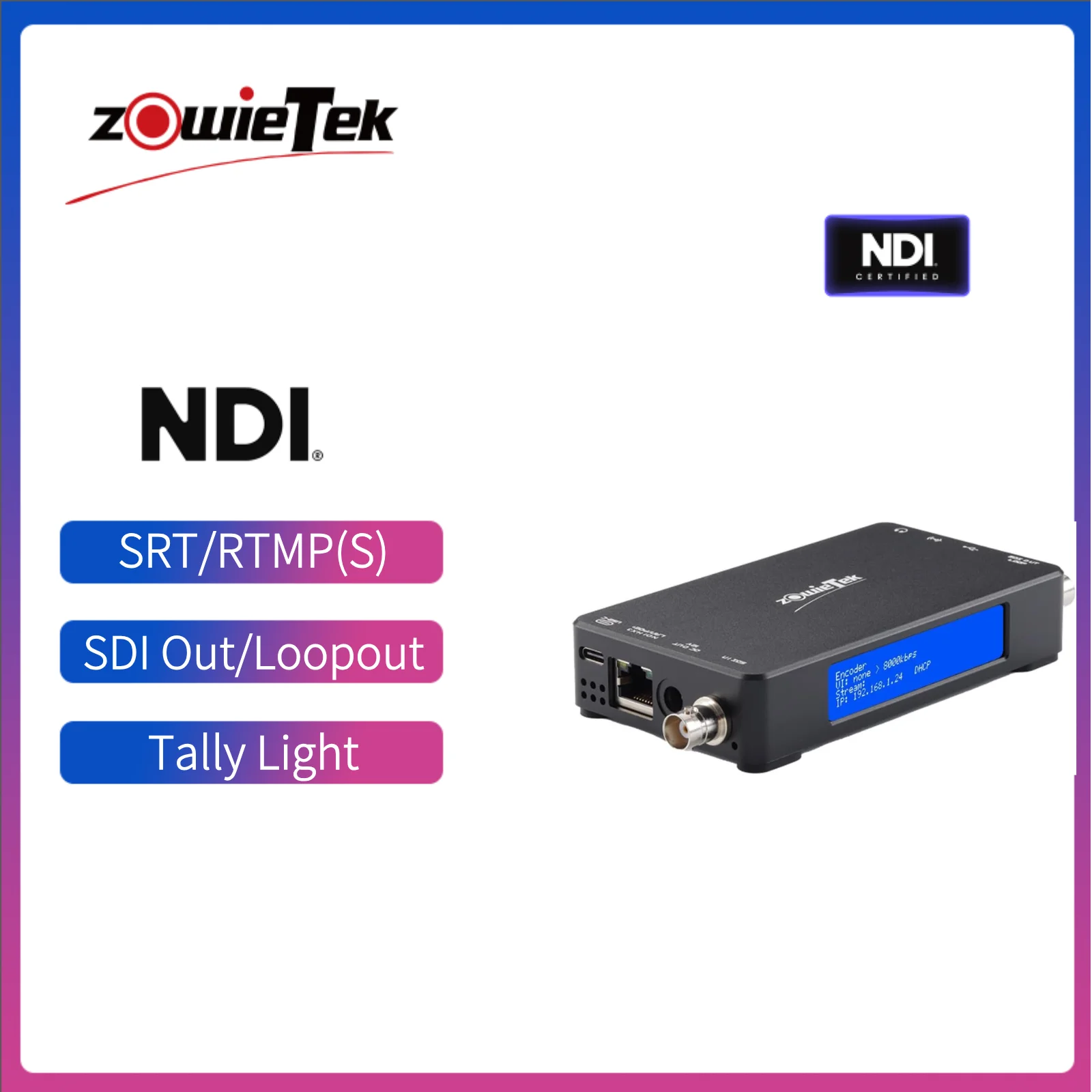 

Zowietek 3G NDI SDI Video Encoder/Decoder, SDI Extender, SRT, RTMP(S), RTSP, Live Streaming to Youtube/Facebook, UVC to SDI