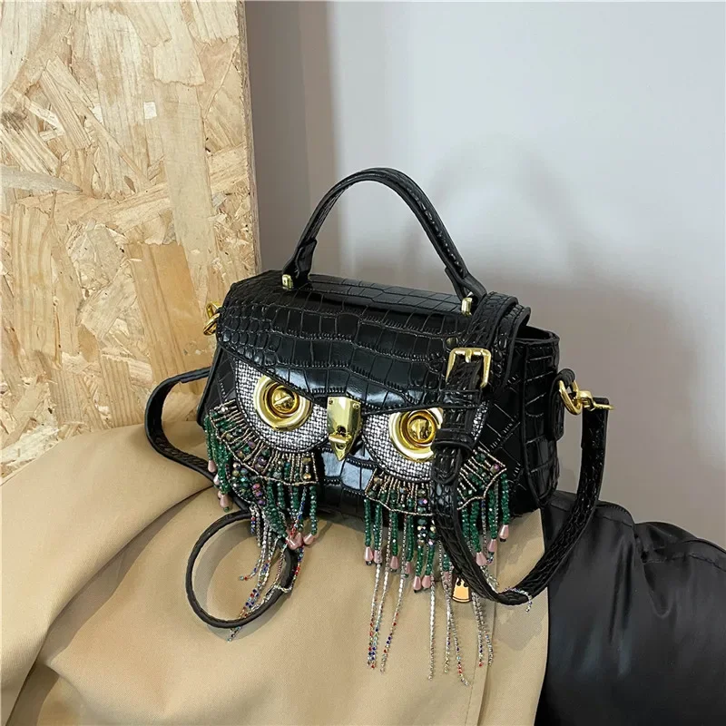 

New Unique Owl Light Luxury Single Shoulder Bags Tassel Color Diamond Small Square Bag Hot Sale Sweet Trendy PU Crossbody Bag