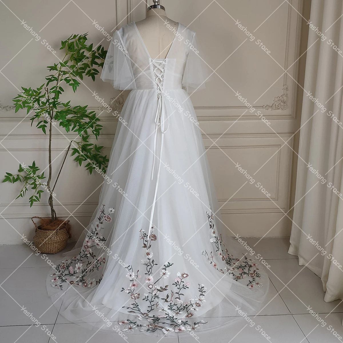 Colorful Embroidered Plus Size Flutter Sleeves Wedding Dress Customized Lacing V Neck Ruched Tulle Real Photo Floral Bridal Gown