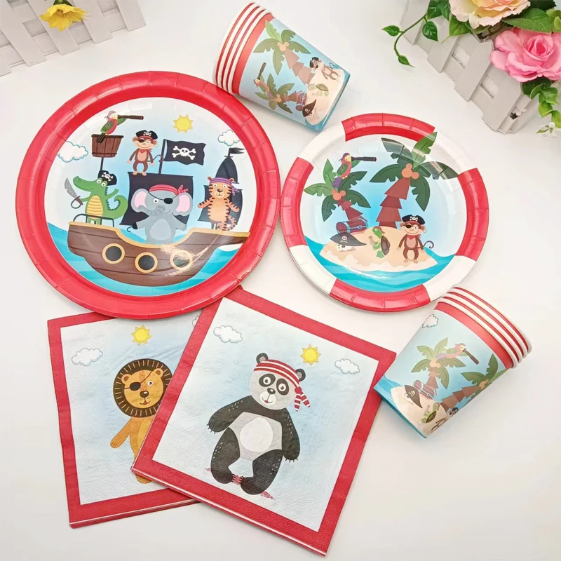 Animal Pirates Printed Cups & Plates Napkins Kids Birthday Party Anniversary Baby Shower Decor Pirate Themed Party Supplies