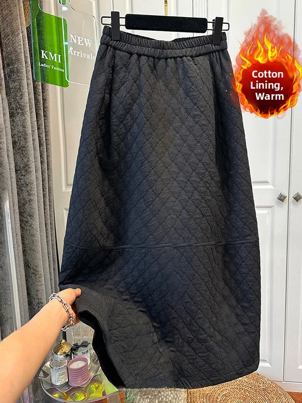Falda acampanada con cintura elástica y patrón de diamantes para mujer, falda larga holgada, versátil y cálida de algodón, talla grande, invierno 2025