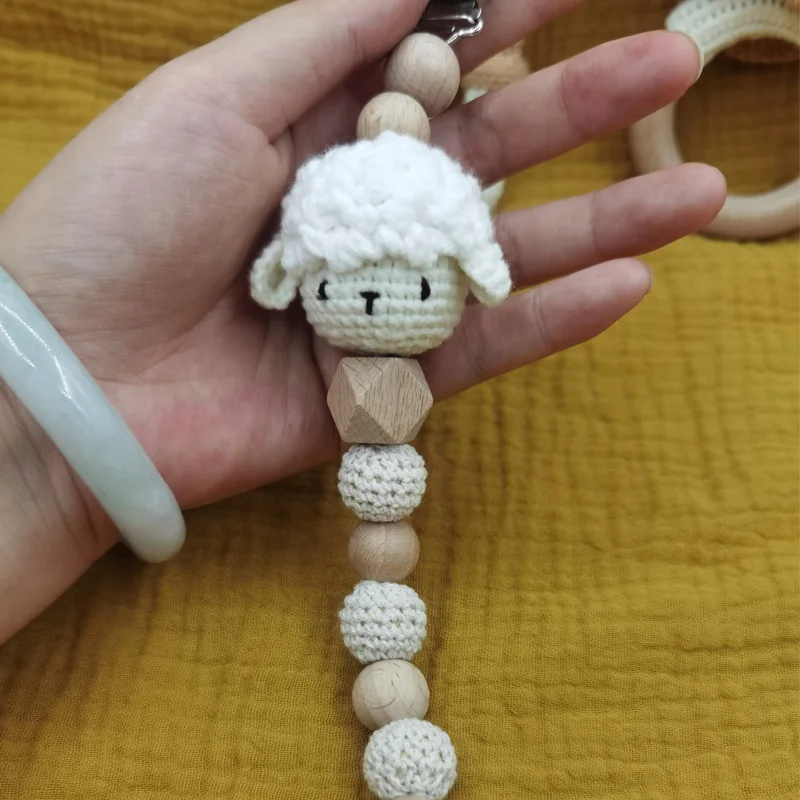 Baby Fopspeen Clip Gehaakte Schapen Tafelbel Tandjes Rammelaar Dummy Chain Jongen Meisje Unisex Bijtring Baby Douche Cadeau