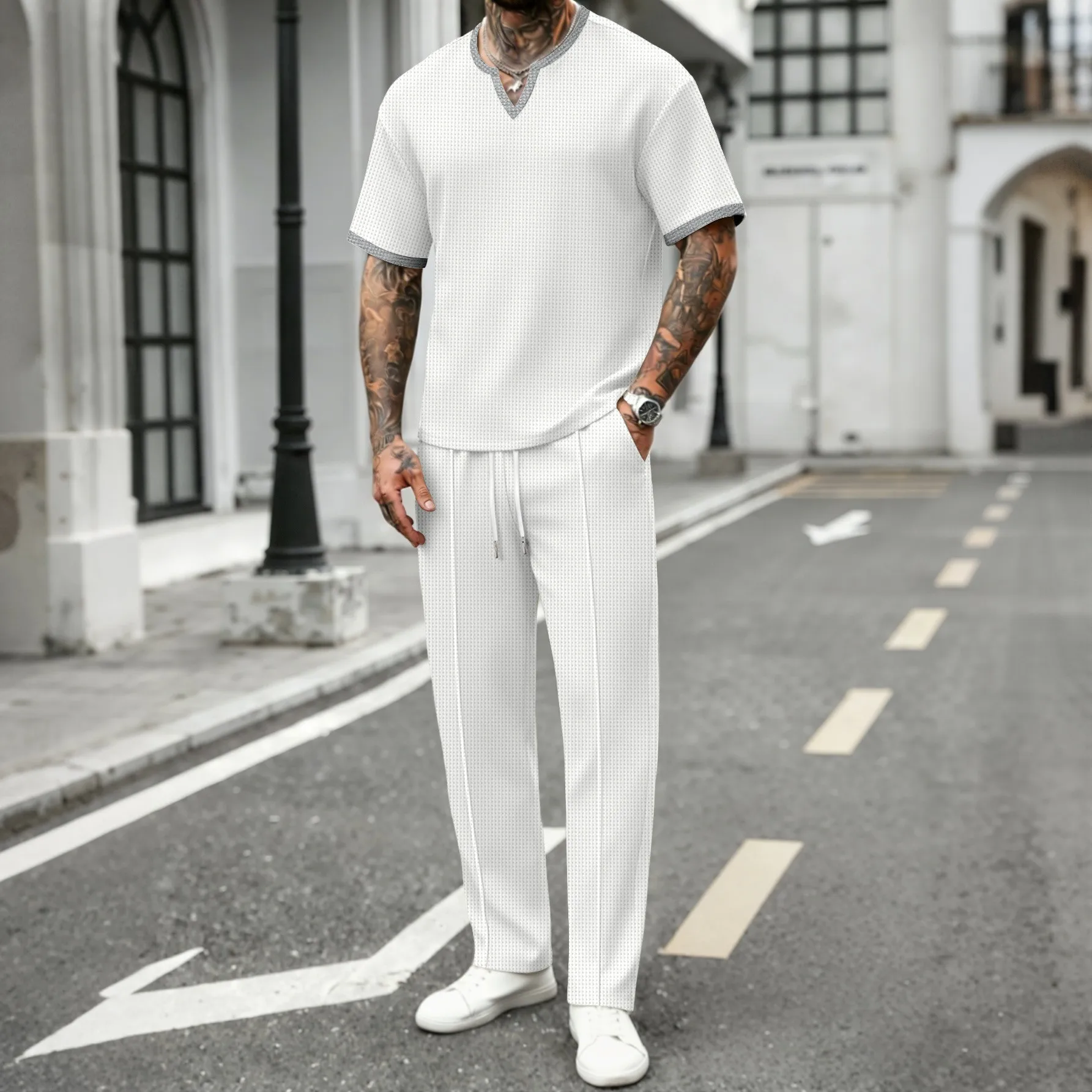 Men V Neck Waffle Knit Tracksuit Short Sleeve Long Pants Set Casual Breathable Loose Solid Sports Daily Two Piece Outfit Fashion
