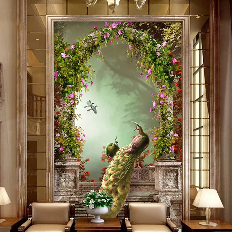 Custom 3D self-adhesive Wallpaper European Retro Peacock Roman Column Arches Living Room Corridor Aisle Background Mural Hotel