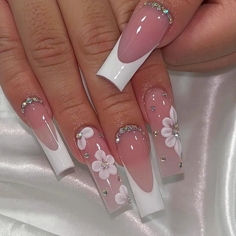 

24Pcs Long Square Head Fake Nails White Edge French Flower Full Cover Nails Tips with Rhinestone Detachable Press on False Nails