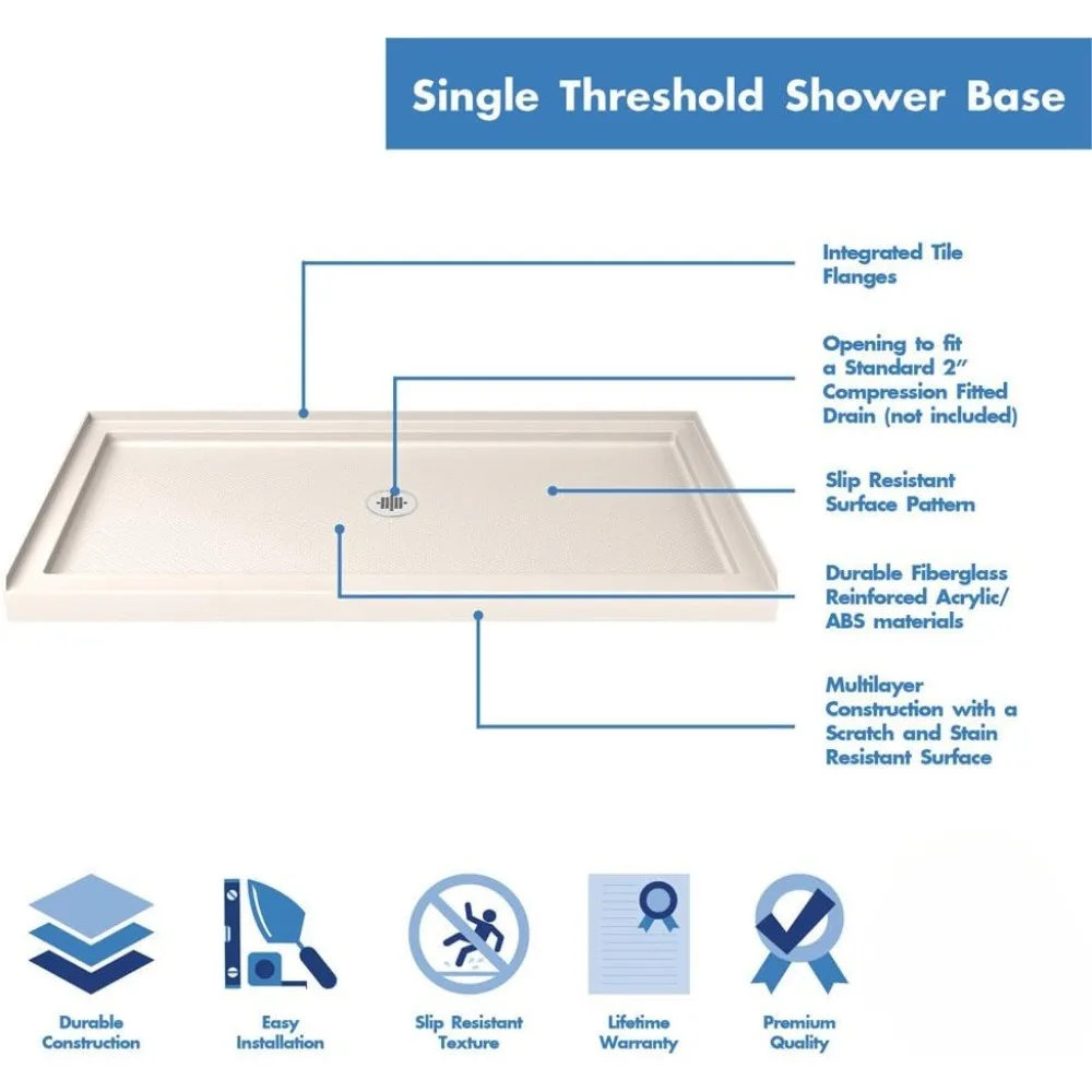 Center Drain Single Threshold Shower Base in Biscuit,  shower drain  bathroom