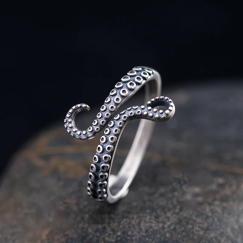 MKENDN Punk Vintage Unique 925 Sterling Silver Octopus Claw Tentacles  Ring For Men Women Gothic Trendy Street Jewelry