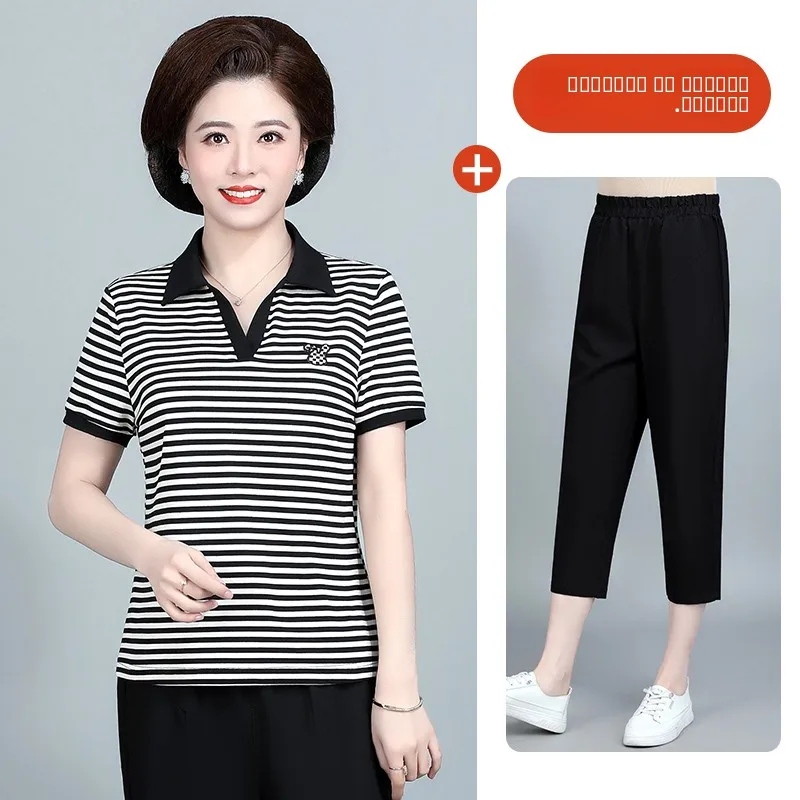 

Summer Sportswear ort Sve Women's Two-Piece Set Middle-Aged Mom New 2025 Lightweight Breathable T-irt Top And Bot E...