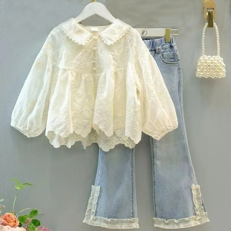 Girls' Spring Collection 2024 Mid Sized Children's Doll Collar Lace Shirt Children's Fashion Jeans Two Piece Set Girl Clothes