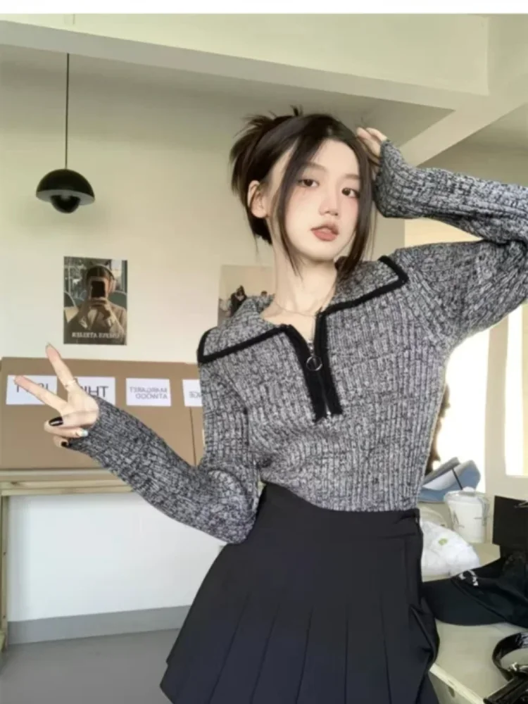 

Y2K Harajuku style retro Japanese half zipper lapel knitted women's sweater autumn and winter spicy girl slim fit trendy top