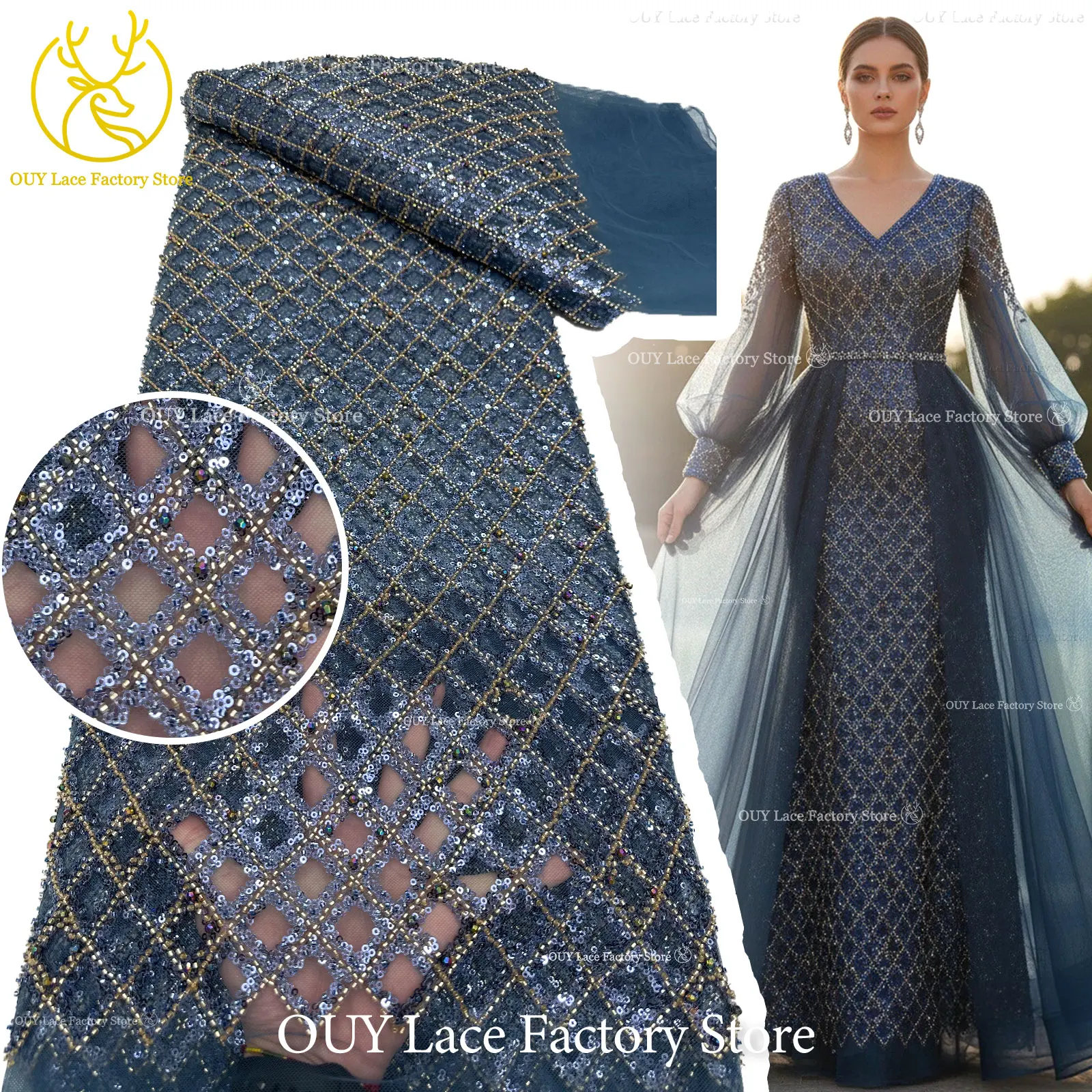 African Check Embroidery Heavy Beaded Lace Fabric 2026 Luxury French Nigerian Diamond Beaded Sequins Lace Fabric Women Dress