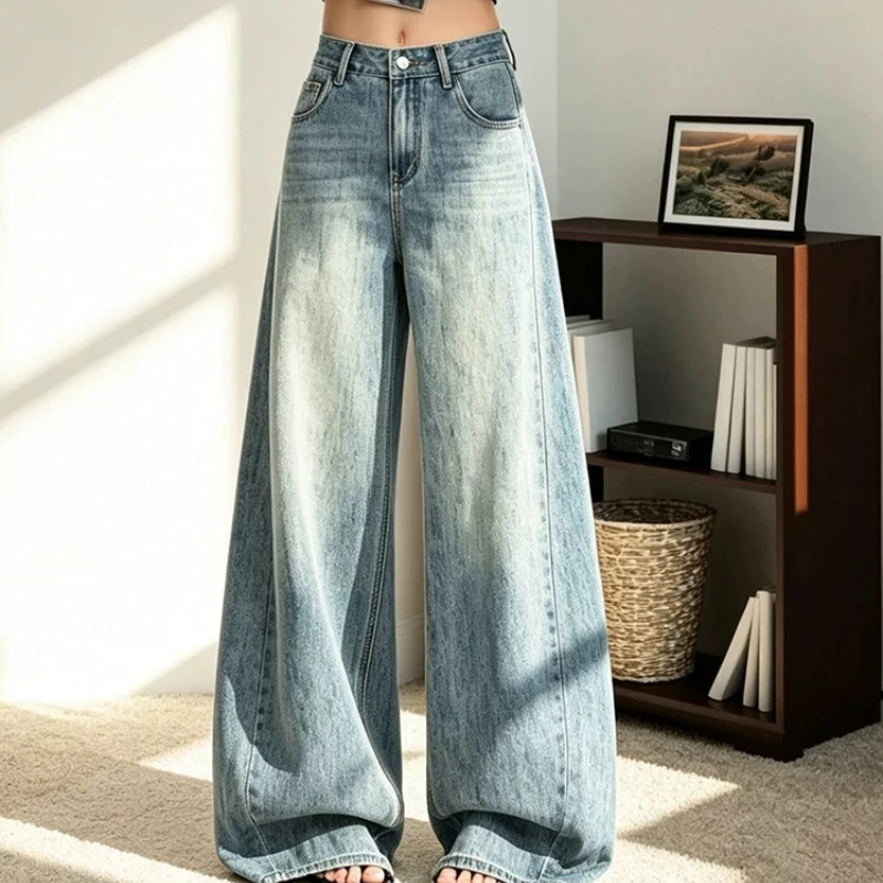 Retro Wide Leg Jeans for Women Loose Relaxed Silhouette Flattering for Pear Shaped Body Embroidery Pocket Casual Denim Pants