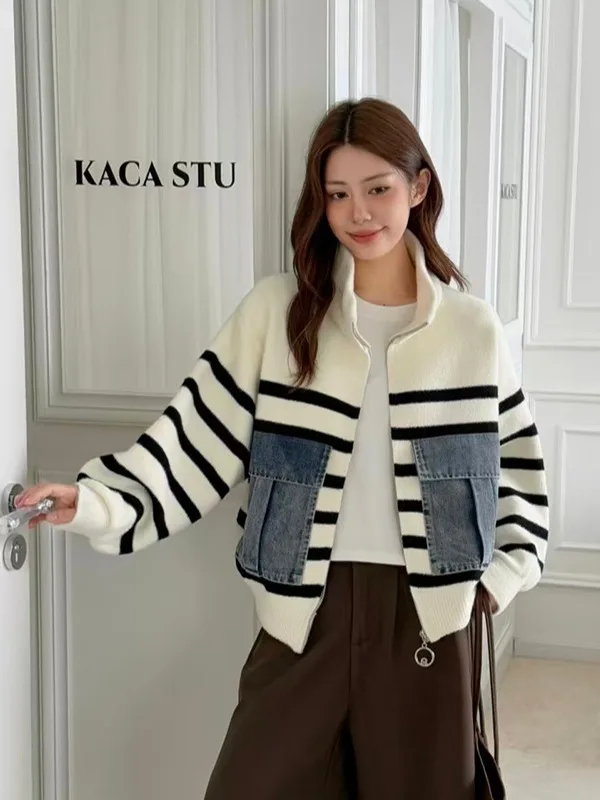 الكورية مخطط الوقوف طوق المرقعة الدنيم ثي الدافئة المرأة سترة Jaet الشتاء Faion تصميم أعلى ل 8-24 سنة #1