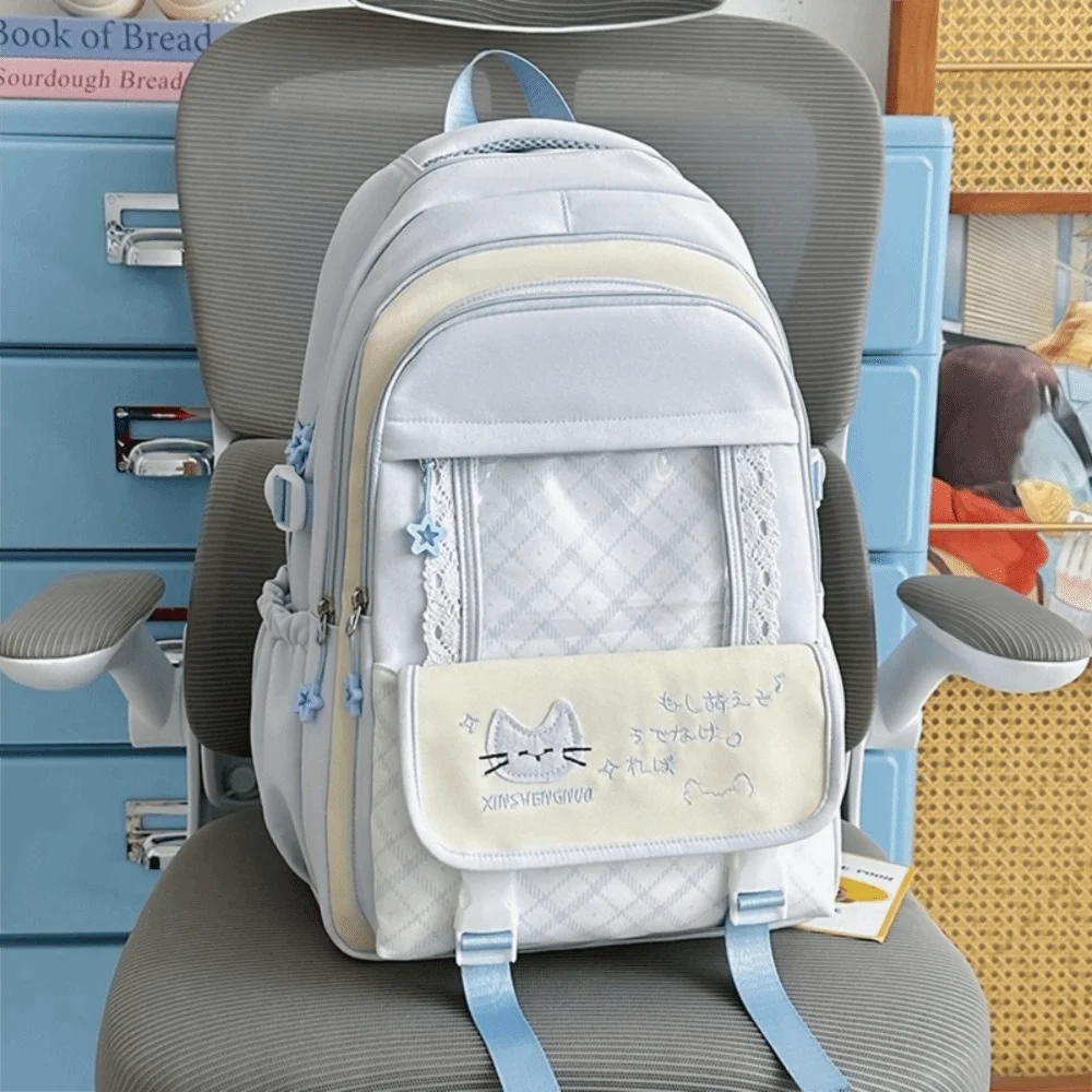 Nylon Hollow Lace Backpack Preppy Style Color-blocked Large Capacity School Bag Transparent Durable Cat Plaid Backpack School