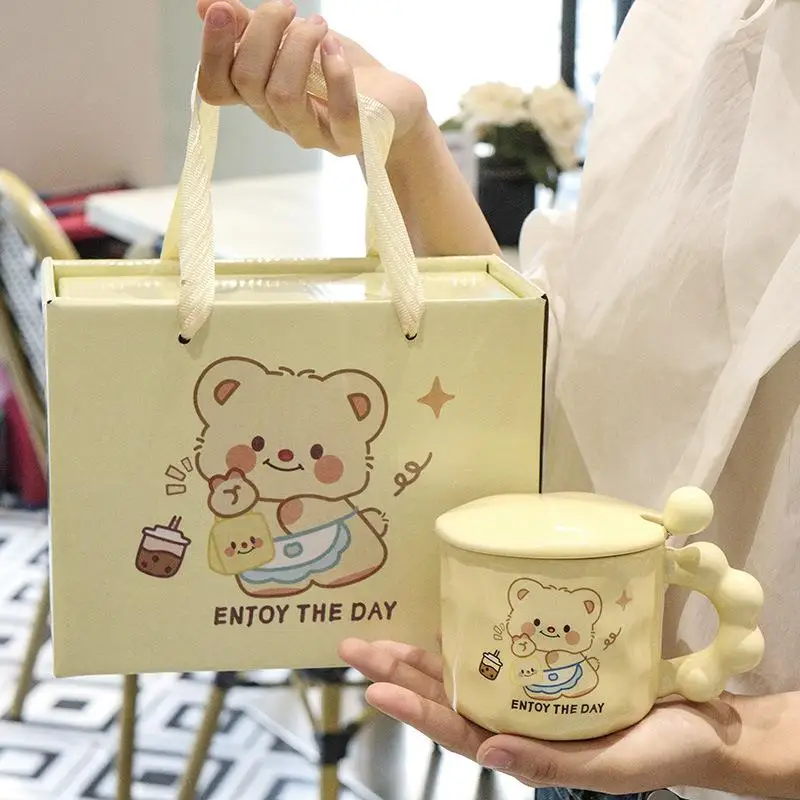 セラミックベアーマグセット-蓋とスプーン付き-誕生日プレゼント-高い美的価値-ウォーターカップ-中国ブランド-ホームダイニング食器
